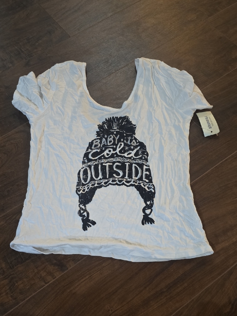 Aeropostale White Short-Sleeve Tee with Navy Knit Hat Graphic